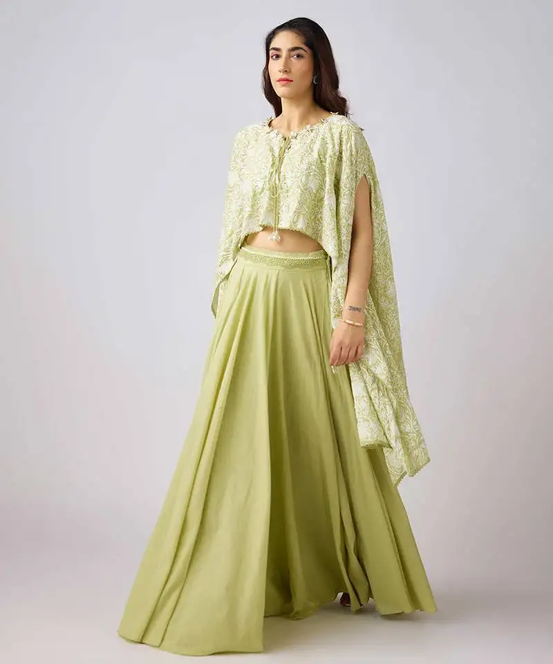 Green printed cotton cape set