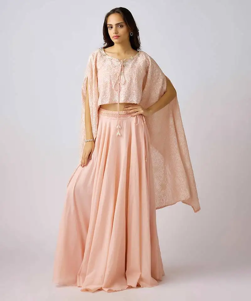 Pink embroidered cotton cape set