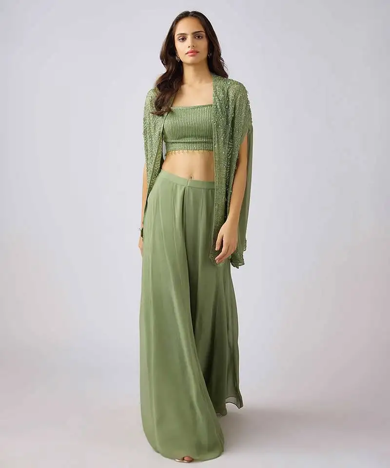 Green embroidered georgette cape set