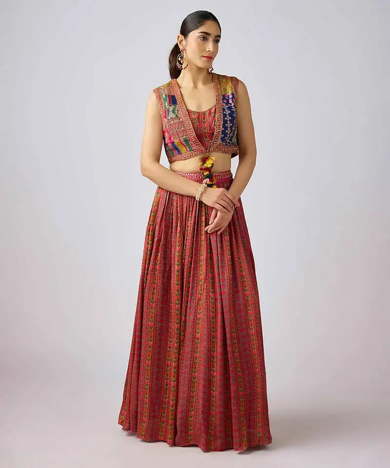 Brown embroidered satin cape set