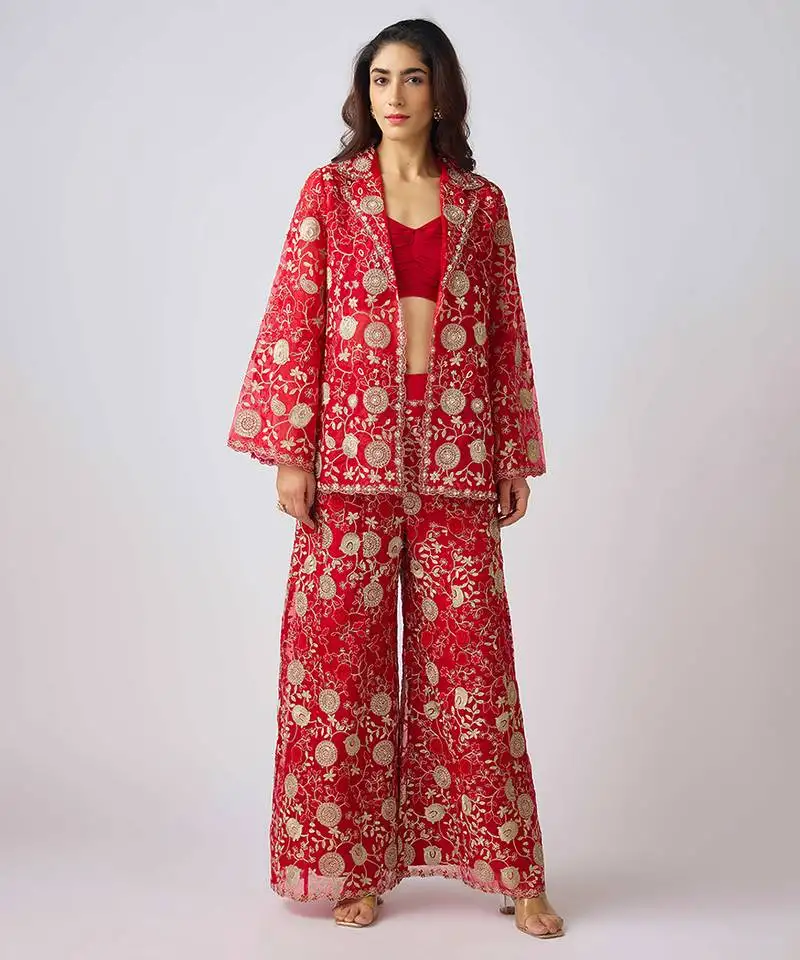 Red printed net co ord set
