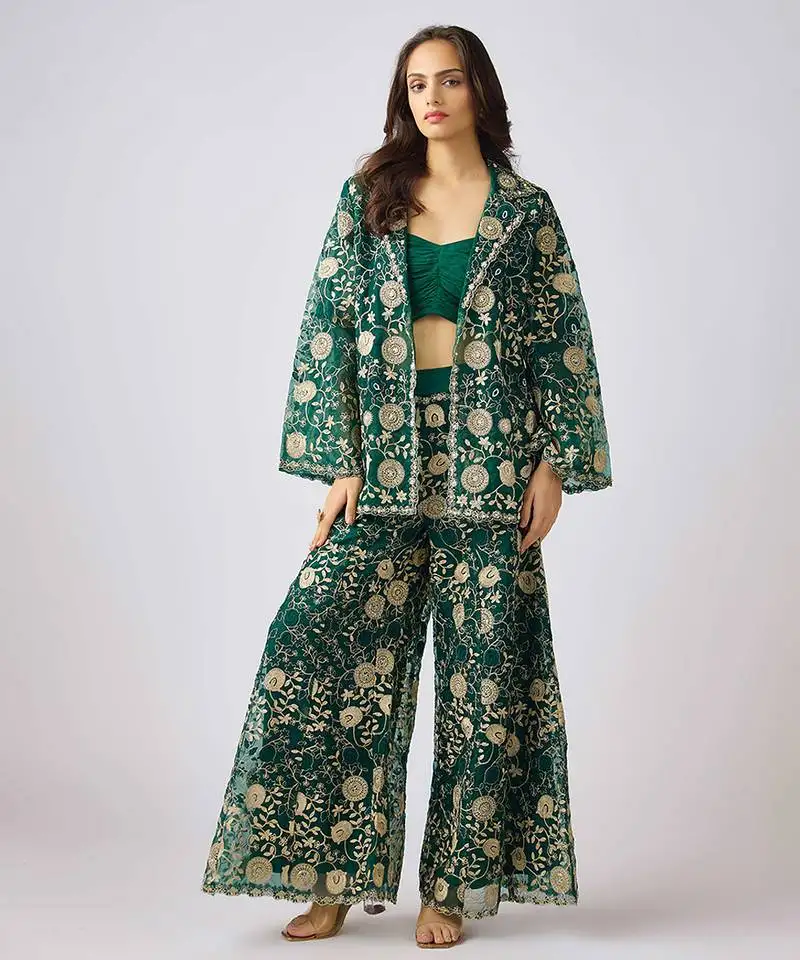 Green printed net co ord set