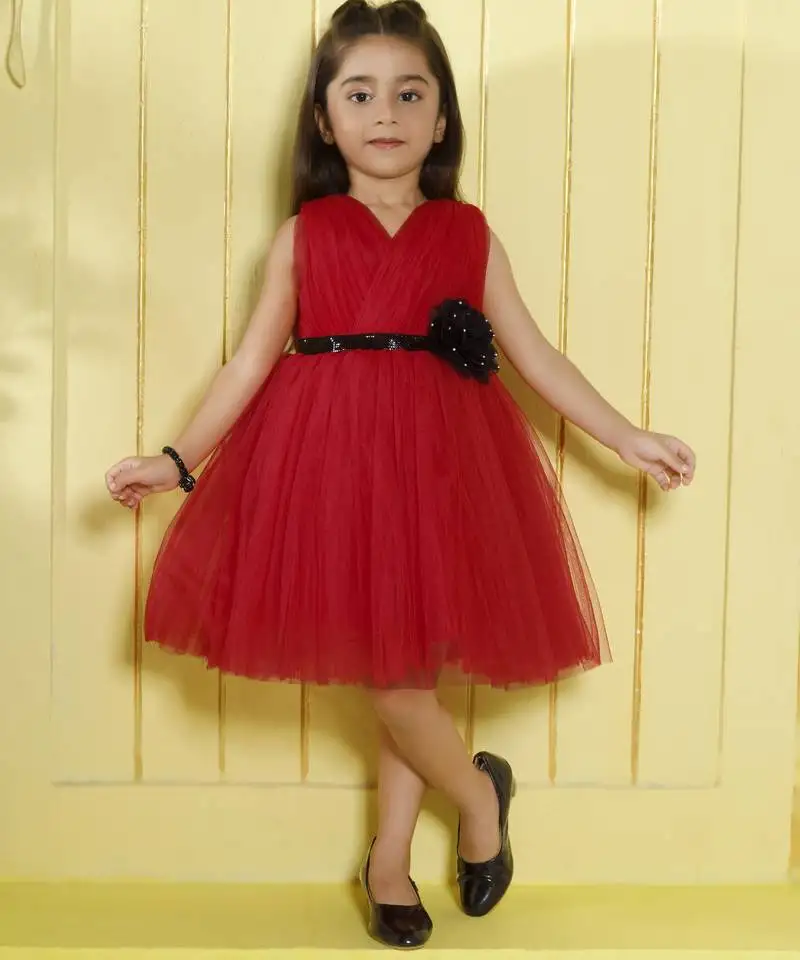 Red pleated bodice applique net wogen party frock