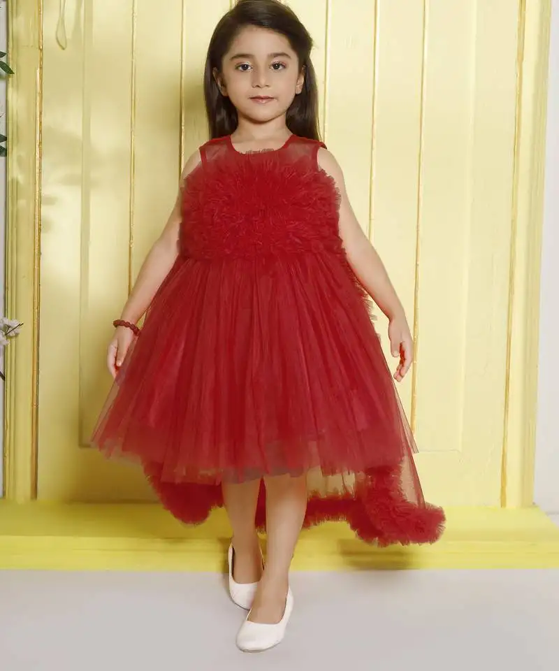 Red gathered bodice high low net woven party frock