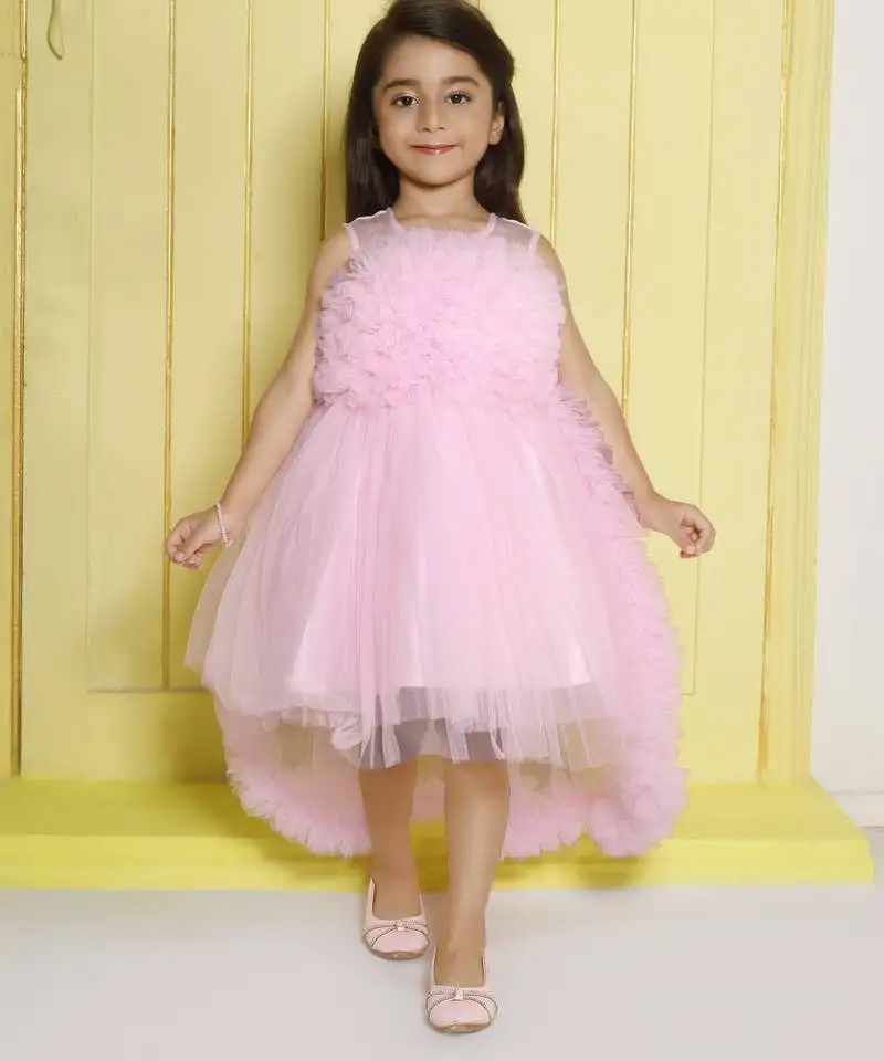 Babypink gathered bodice high low net woven party frock
