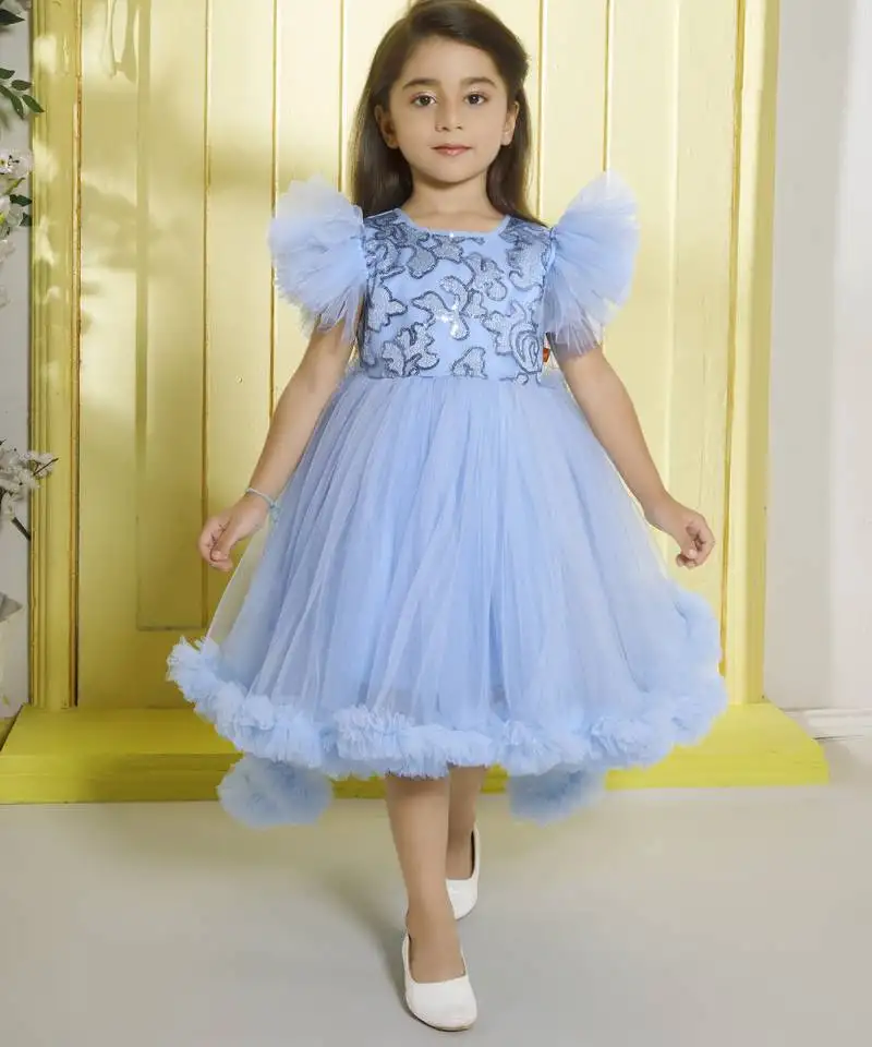 Sky blue sequence bodice tailcut net woven party frock