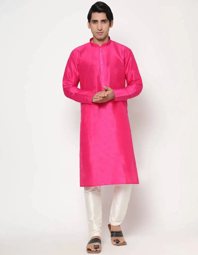 Fuchsia silk kurta pajama set in with white churidar ethnic outfit for festivals & weddings
