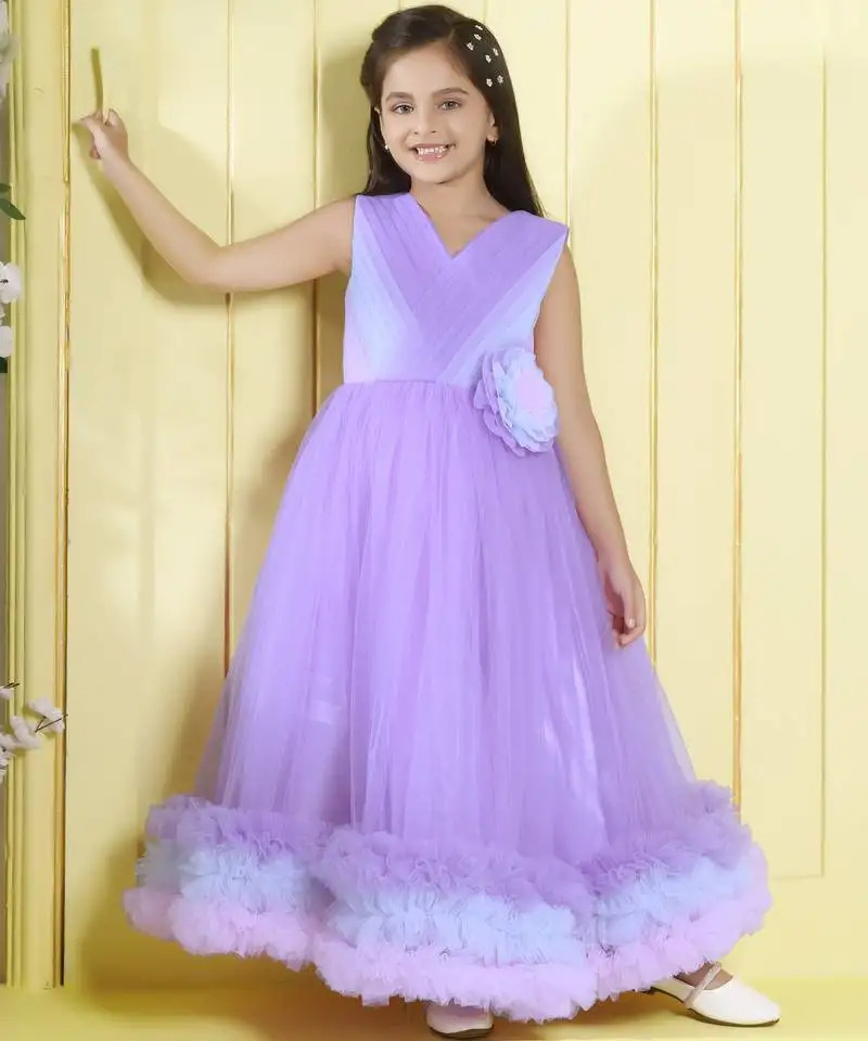 Lilac pleated bodice frillerd hem net woven party gown