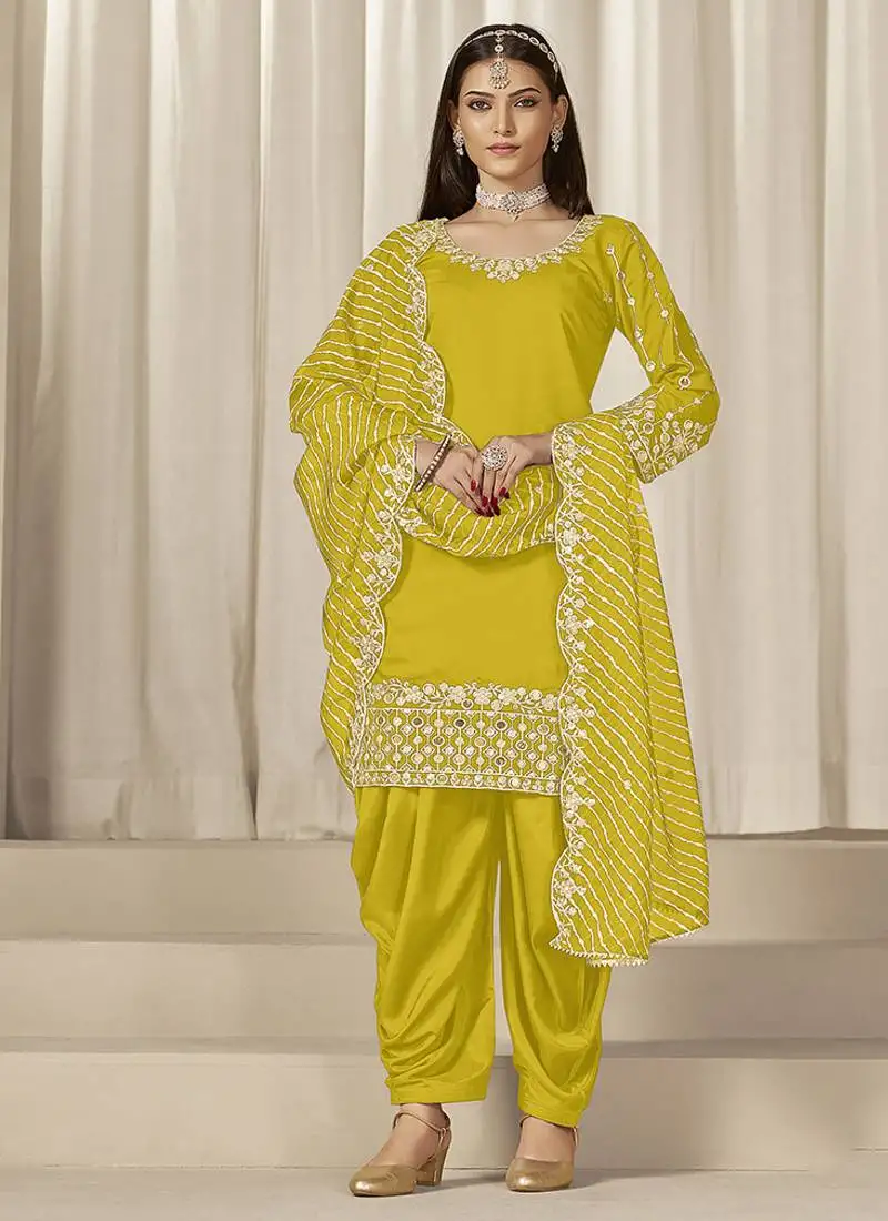 Yellow sequins mirror work roman silk festival patiyala salwar suit semi stitched
