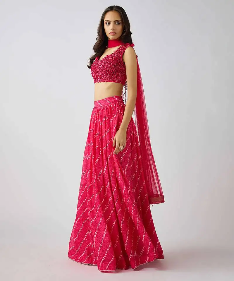 Pink printed organza lehenga