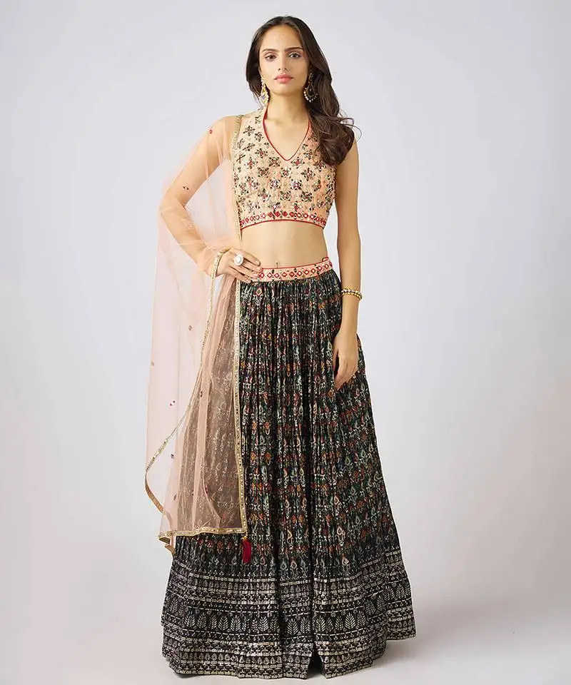Black printed organza lehenga