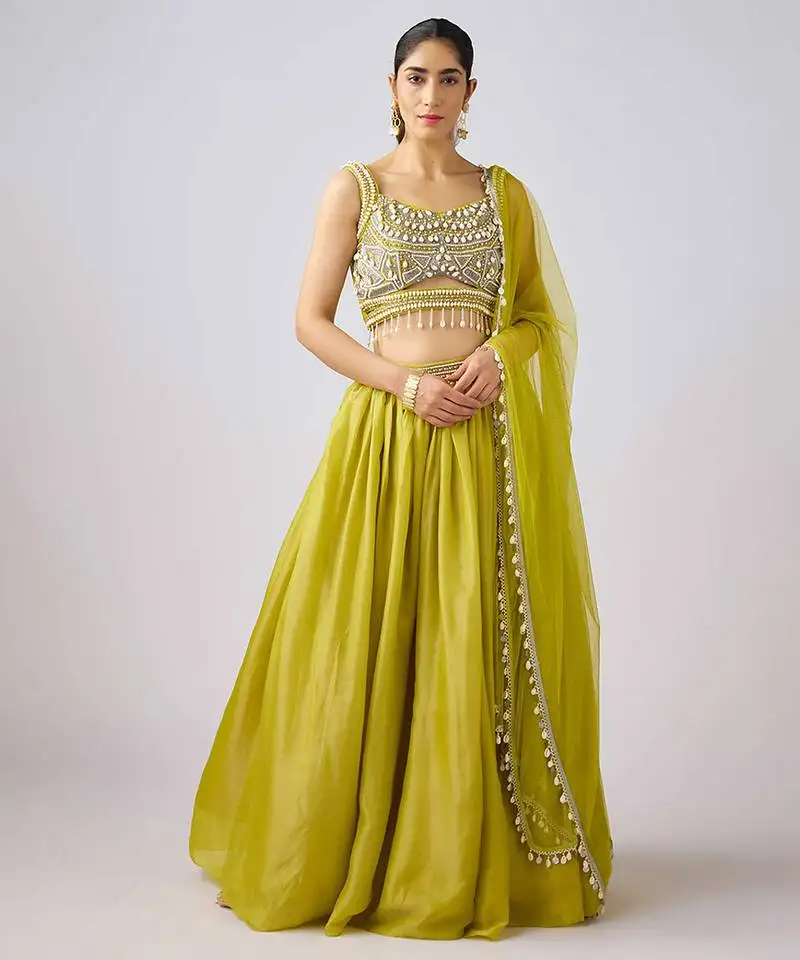 Lime green plain tissue lehenga