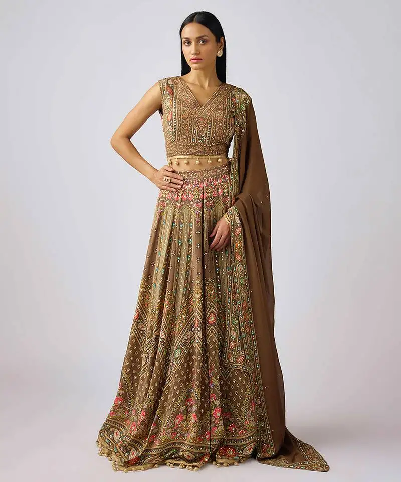 Brown printed chinon lehenga