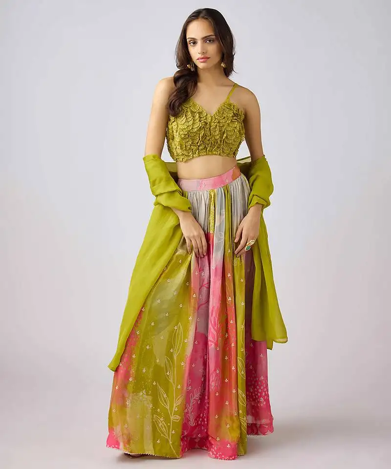 Green printed chinon lehenga