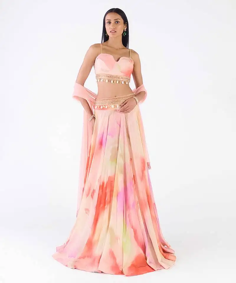 Multicolor printed chiffon lehenga