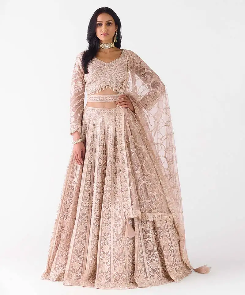 Peach embroidered net lehenga with belt