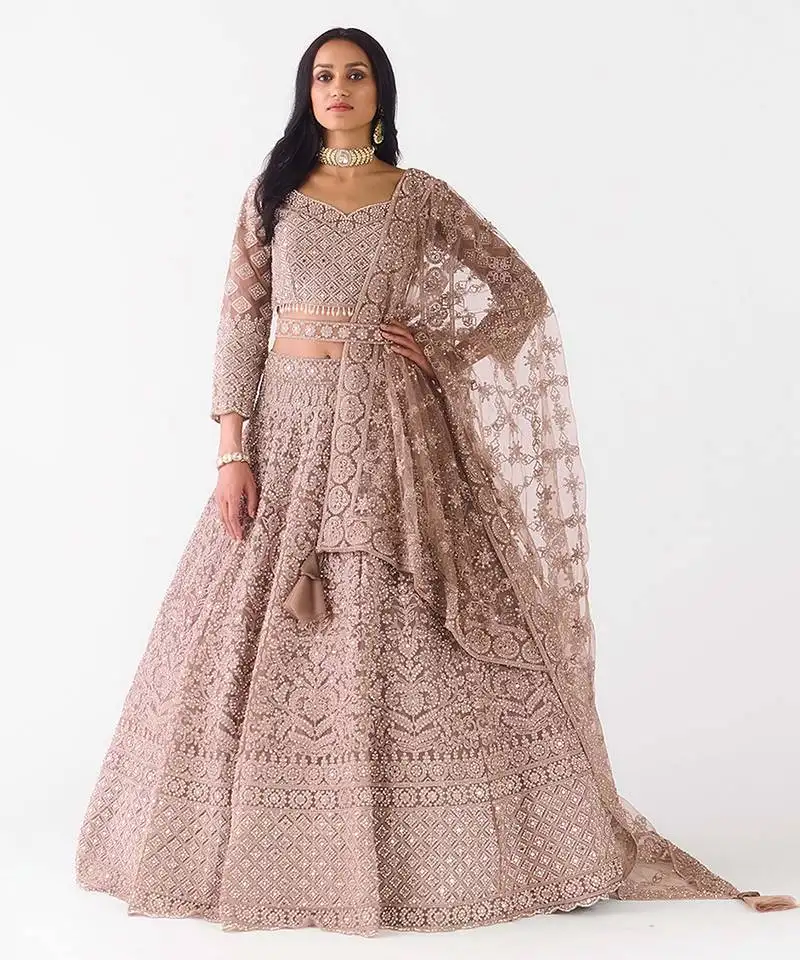 Gold embroidered net lehenga with belt