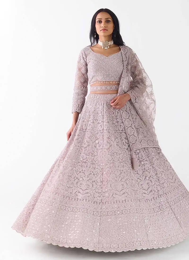 Grey embroidered net lehenga with belt