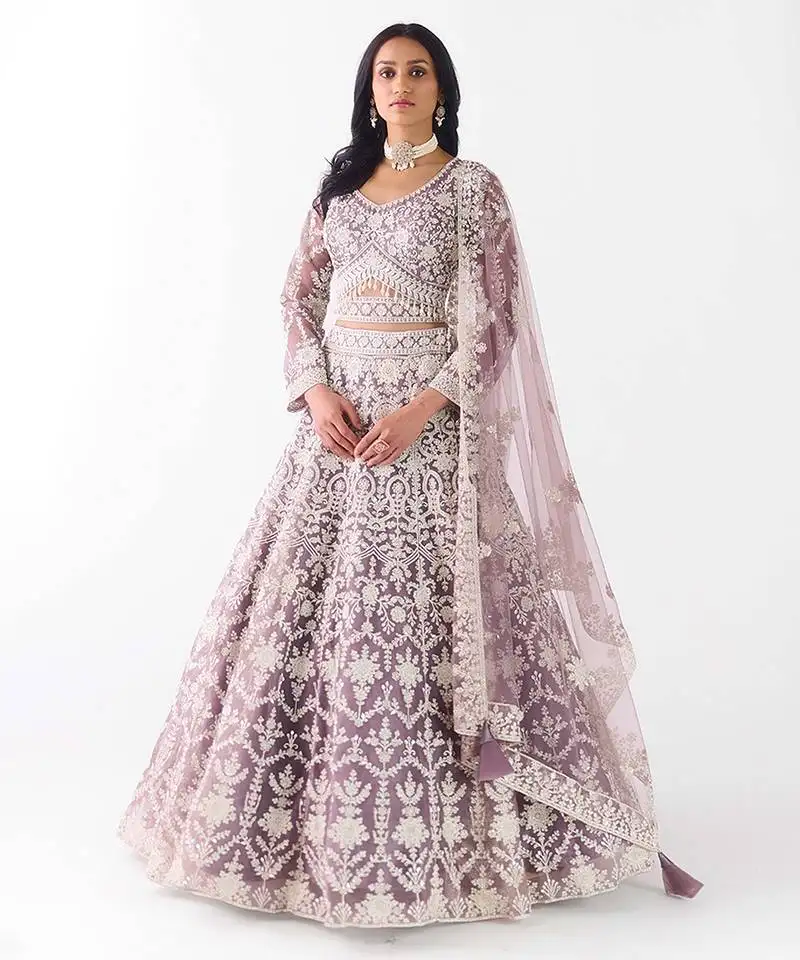Mauve embroidered net lehenga with belt