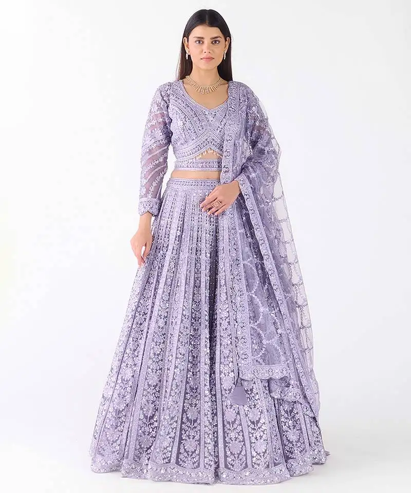 Lavender embroidered net lehenga with belt