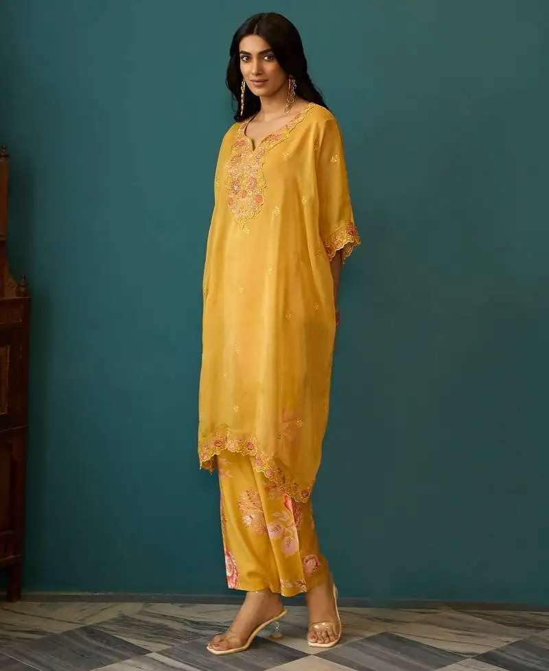 Aster amber yellow embroidered blended cotton co ord sets