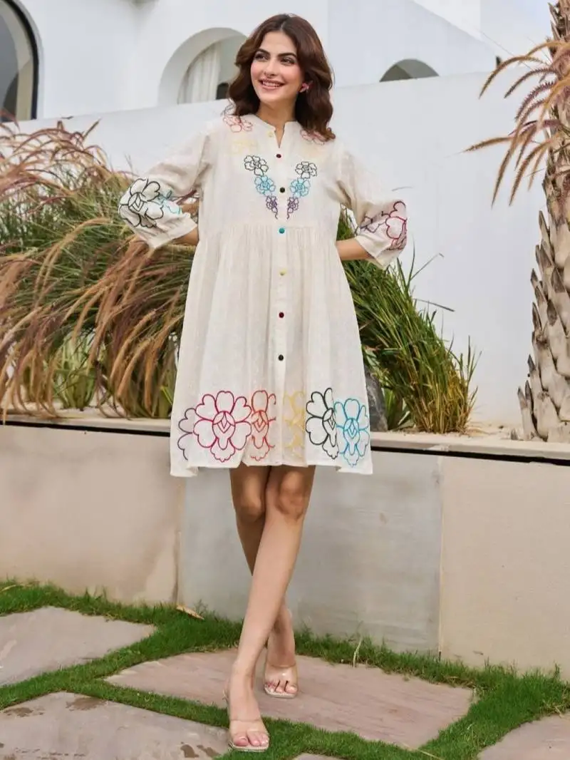 Tiara merino white embroidered cotton short dresses