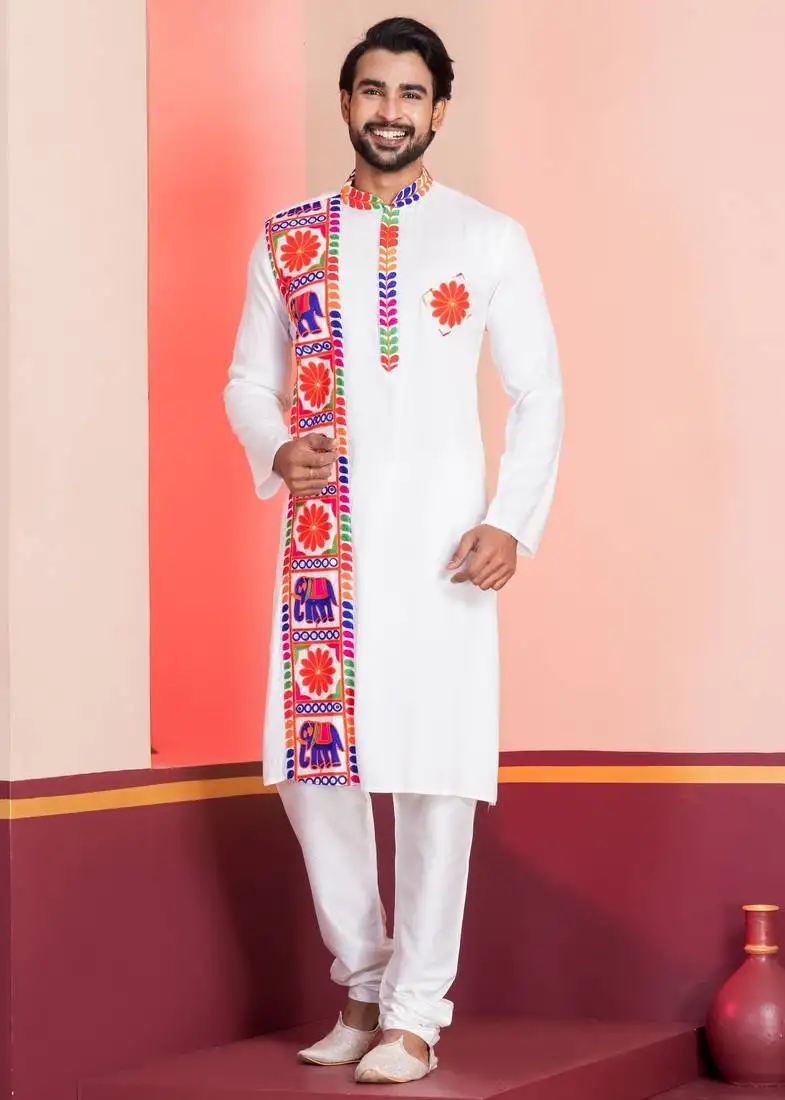 White embroidered faux rayon navratri special kurta set