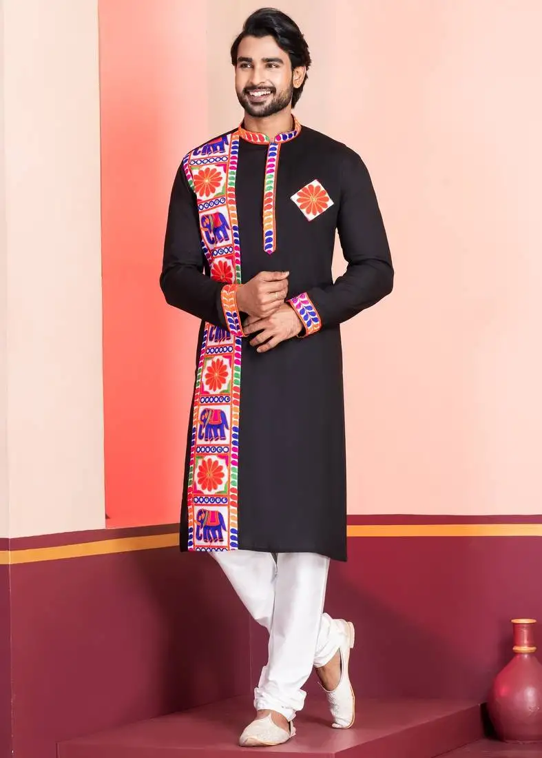 Black embroidered faux rayon navratri special kurta set