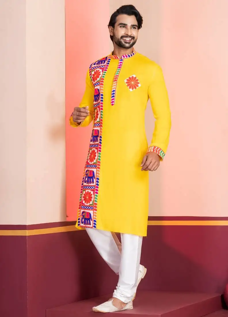 Yellow embroidered faux rayon navratri special kurta set