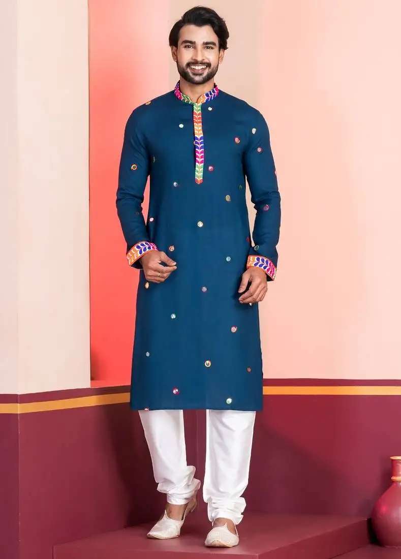 Blue embroidered faux rayon navratri special kurta pyjama