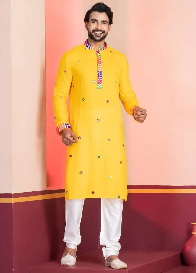 Yellow embroidered faux rayon navratri special kurta pyjama