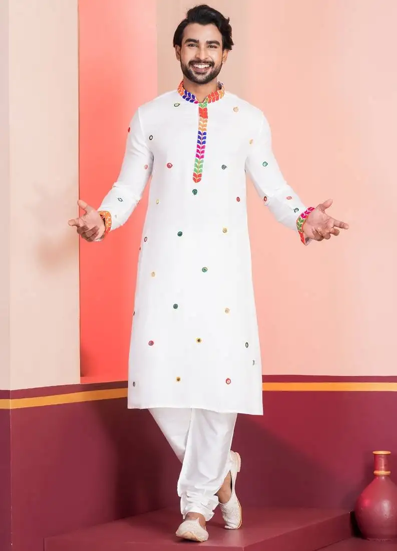 White embroidered faux rayon navratri special kurta pyjama