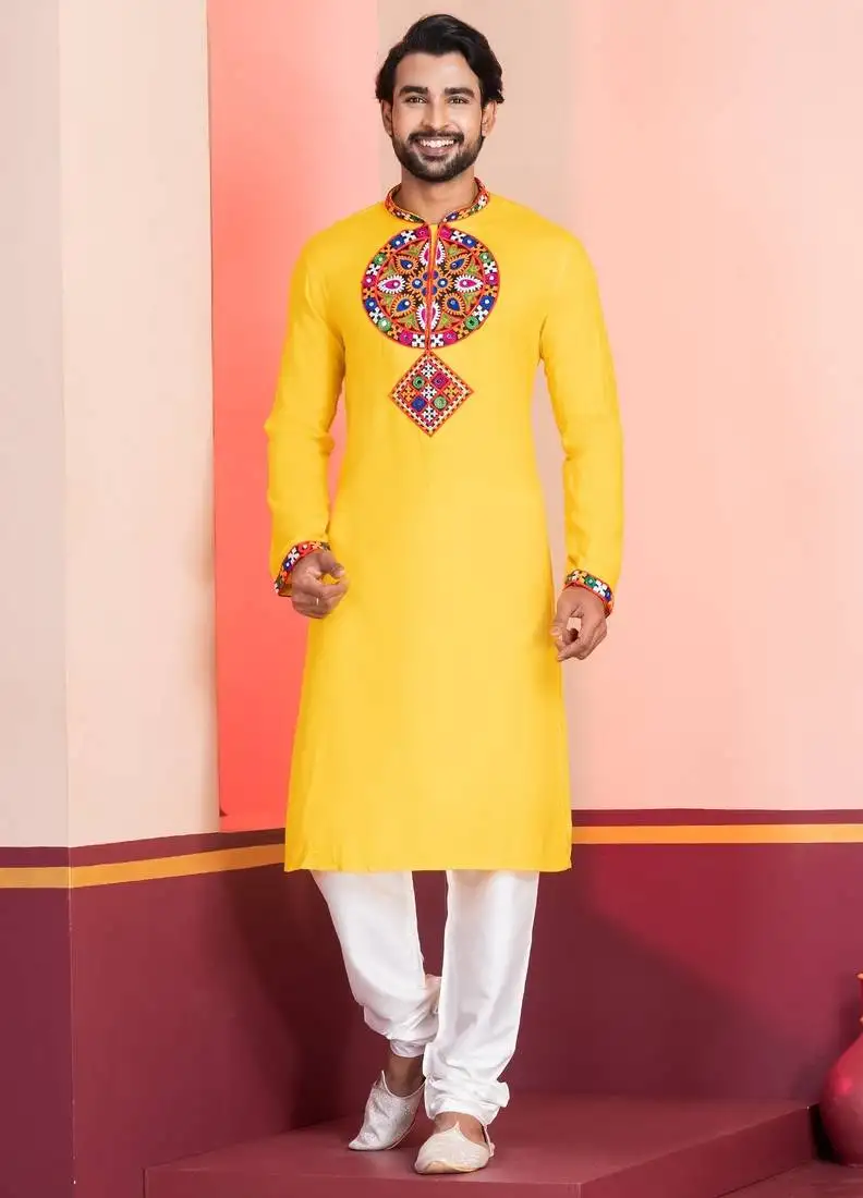 Yellow faux rayon embroidered navratri collection kurta set