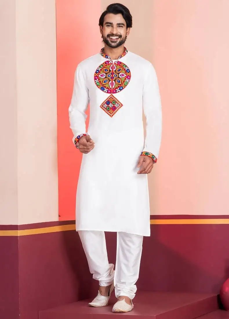 White faux rayon embroidered navratri collection kurta set