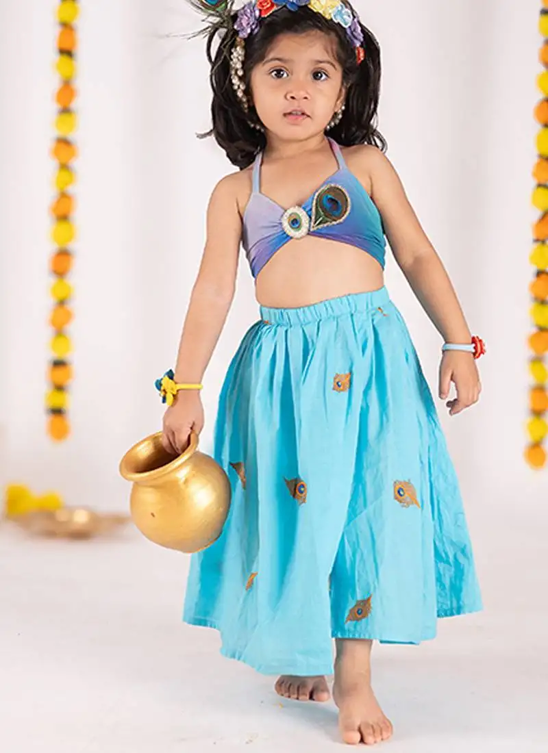 Blue embroidered cotton lehenga