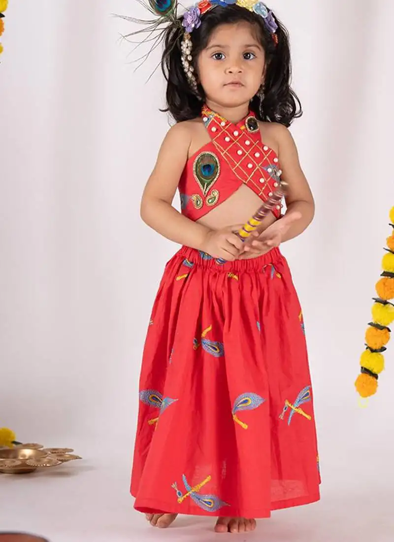 Red embroidered cotton lehenga