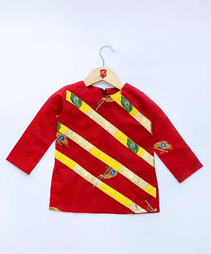 Red & yellow embroidered cotton dhoti kurta set