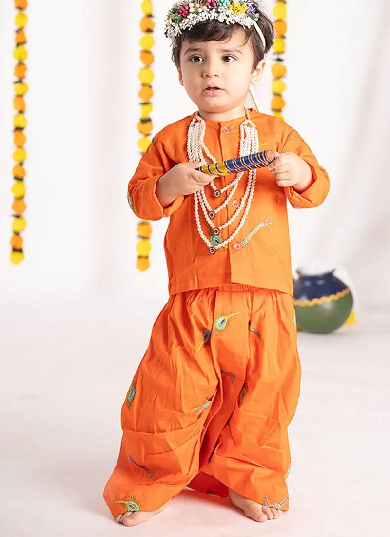 Orange plain cotton dhoti kurta set