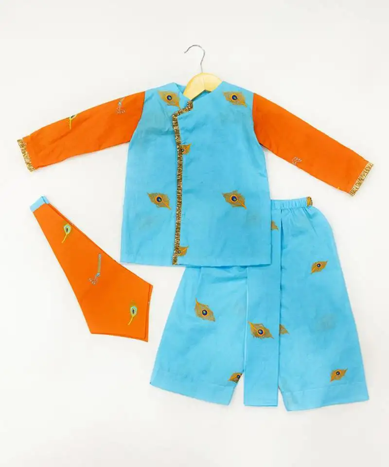 Blue & orange plain cotton dhoti kurta set