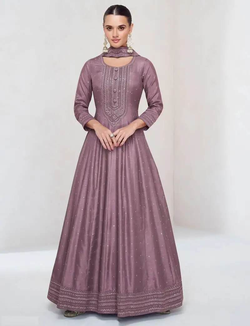 Mauve embroidered vichitra silk free size stitched anarkali salwar suit semi stitched