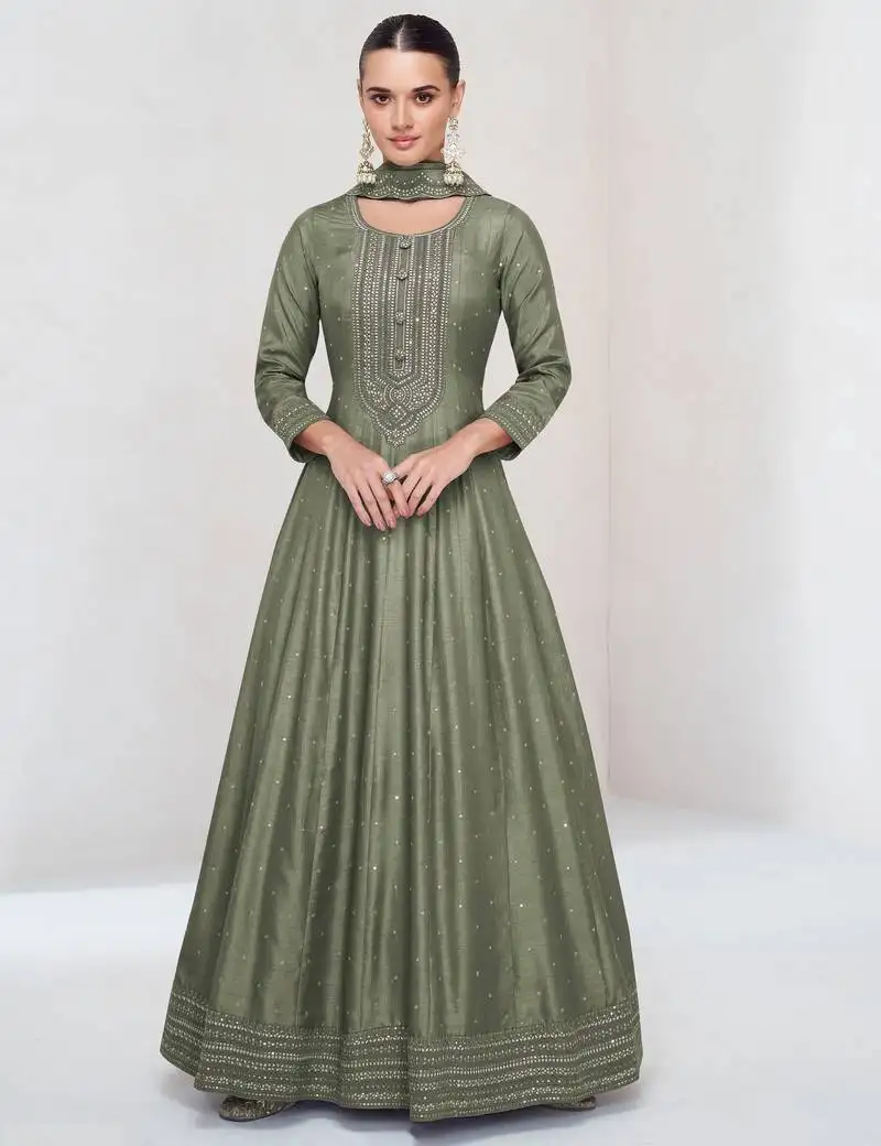 Green embroidered vichitra silk free size stitched anarkali salwar suit semi stitched