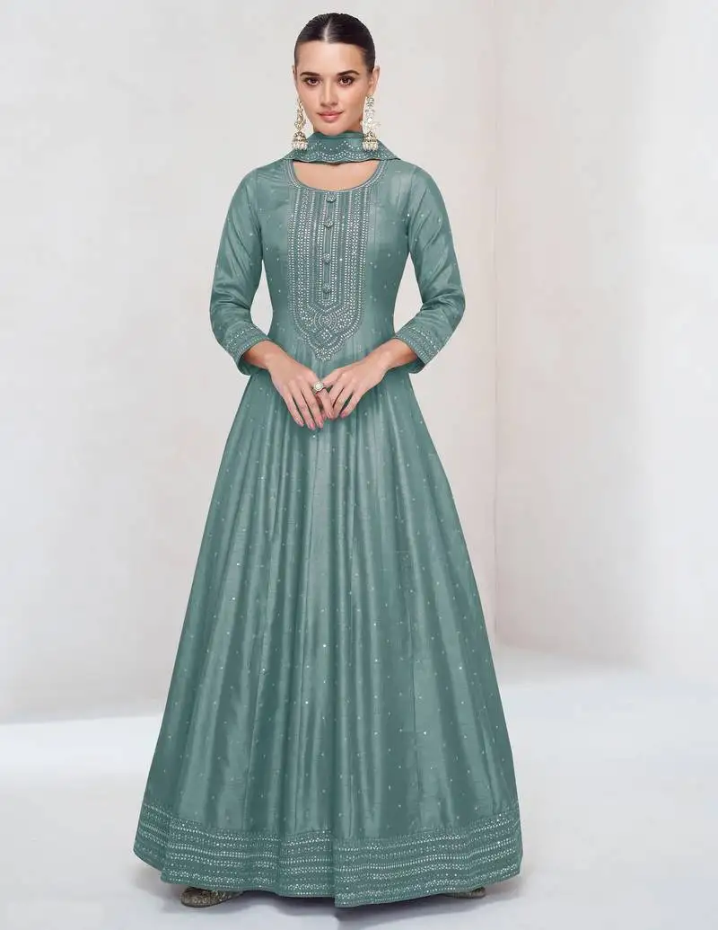 Sky embroidered vichitra silk free size stitched anarkali salwar suit semi stitched