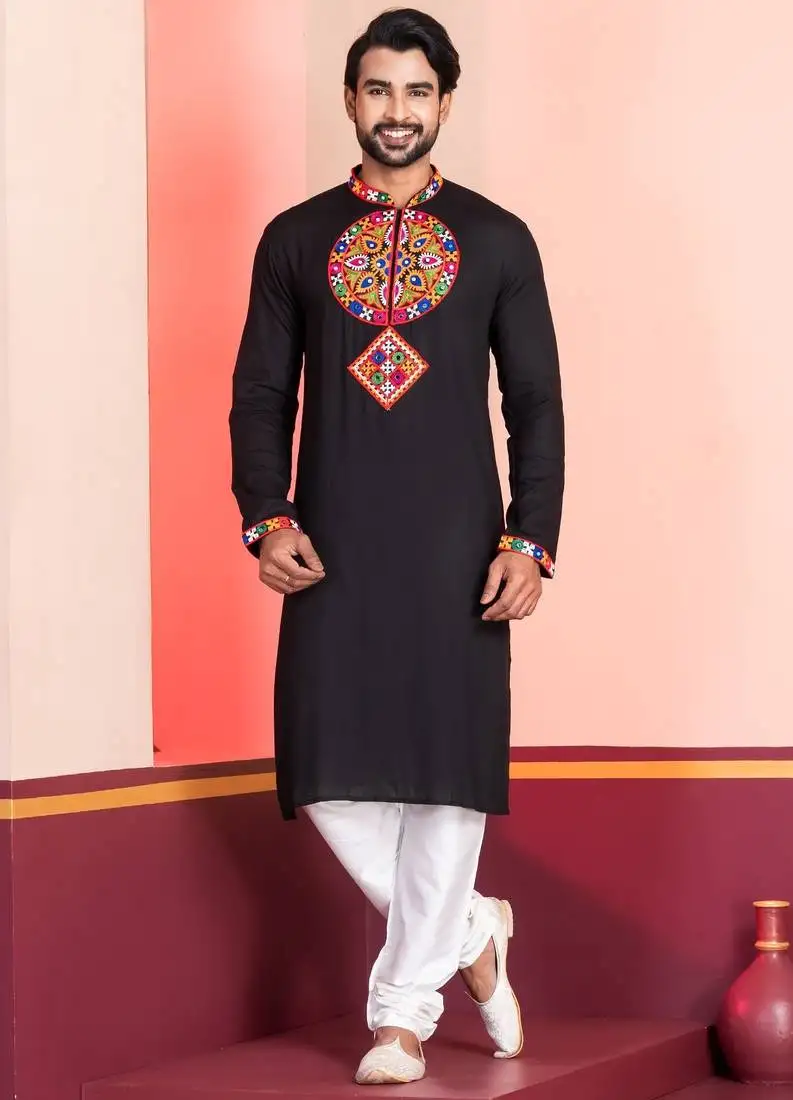 Black faux rayon embroidered navratri collection kurta set