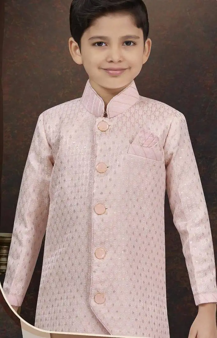 Pink kasak zari jackard sherwani with silk dupion pajama for kids