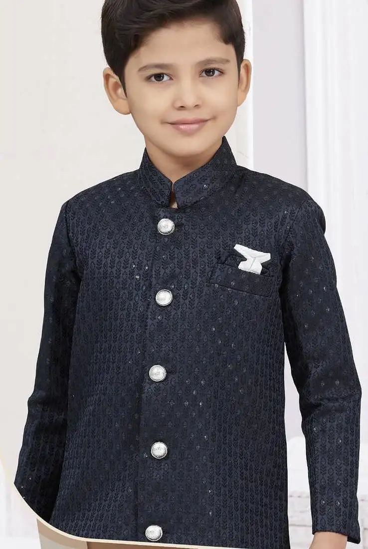 Blue kasak zari jackard sherwani with silk dupion pajama for kids