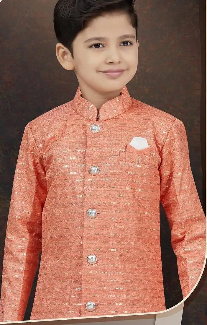 Orange champion silk sherwani with silk dupion pajama for kids