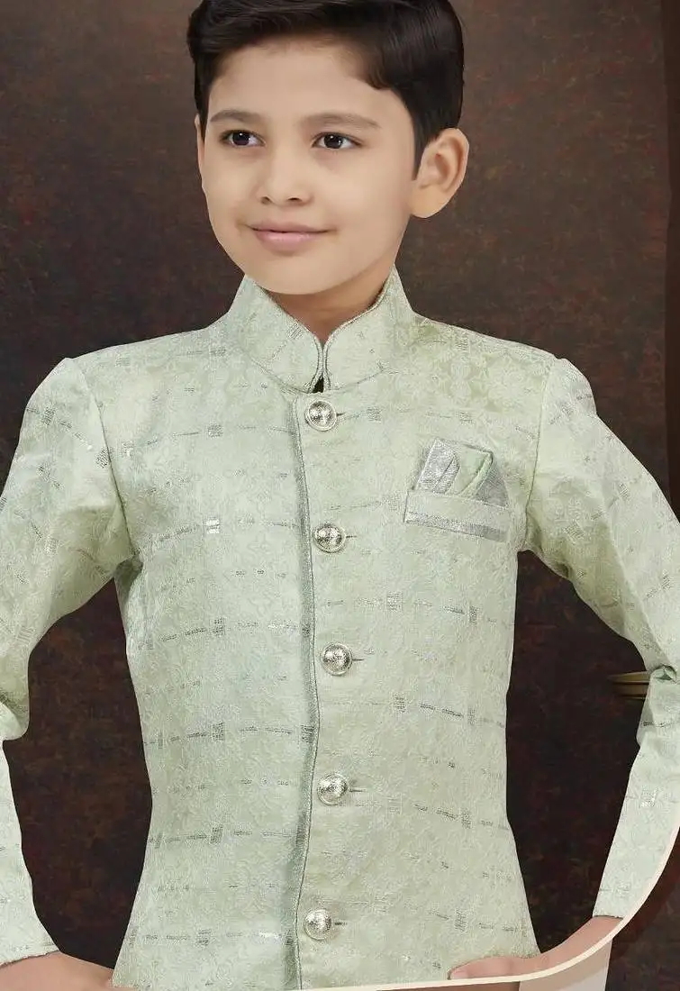 Green kasak zari jackard sherwani with silk dupion pajama for kids