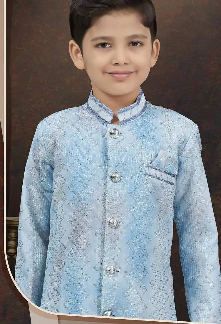 Blue pure silk sherwani with silk dupion pajama for kids