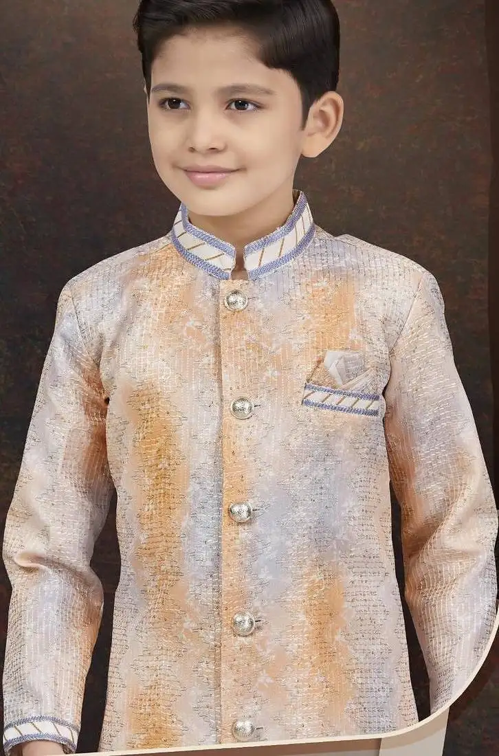 Orange pure silk sherwani with silk dupion pajama for kids