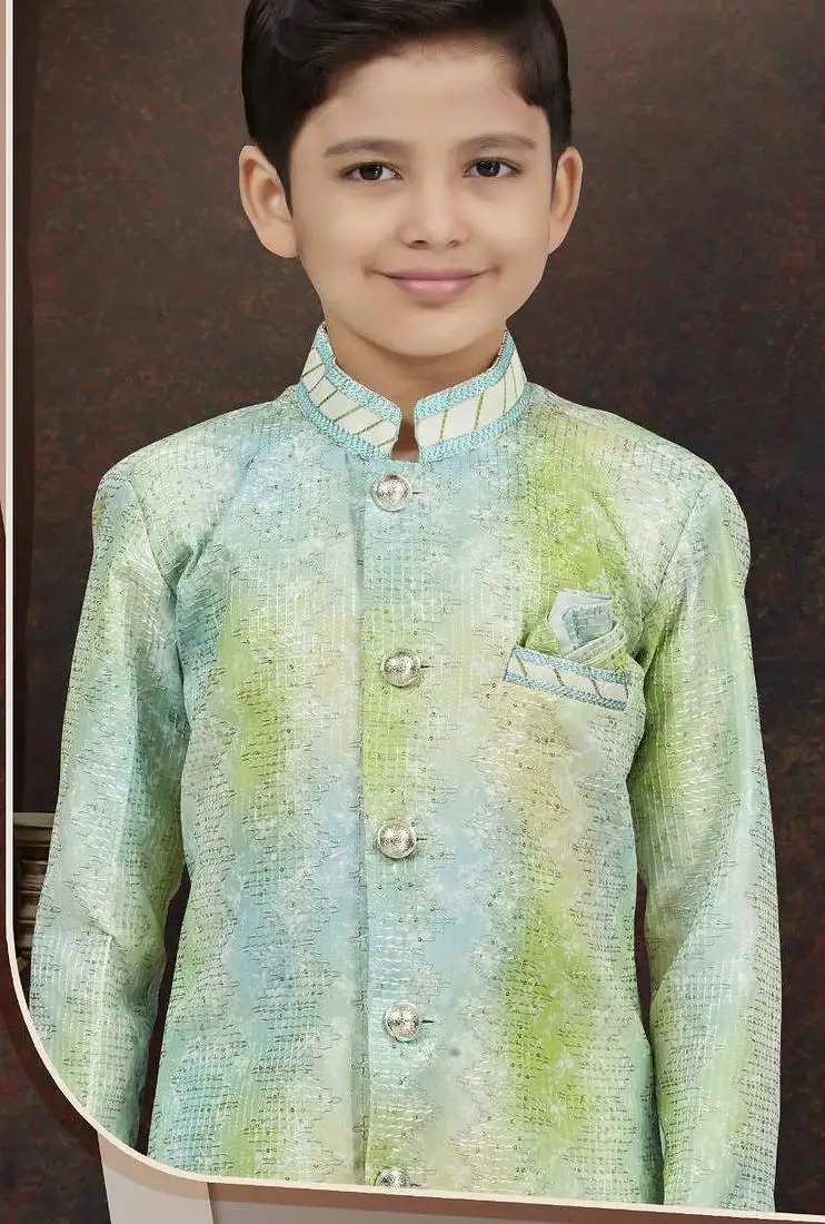Green pure silk sherwani with silk dupion pajama for kids